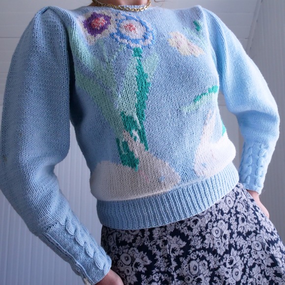 Eagles Eye Sweaters - Vintage 1990s‎ Eagle's Eye adorable pastel bunny cotton/ramie handknit sweater
